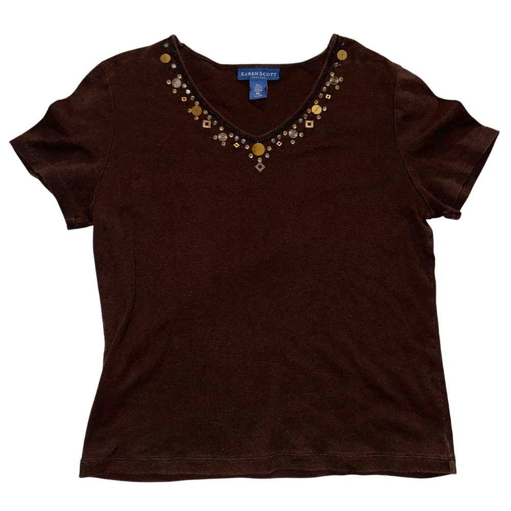 Vintage 90s y2k Boho style brown short sleeve beaded top with sequin detail